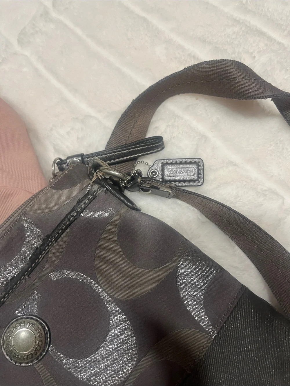 Coach grey and Silver Signature Crossbody with Black Front Band Y2K